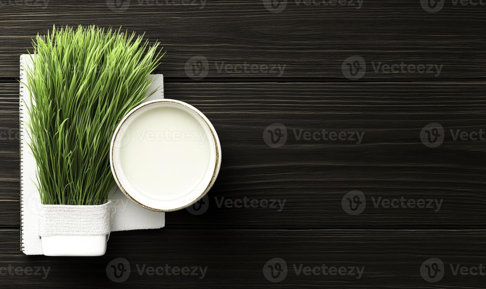 Grassy grass and milk on a wooden table top view photo