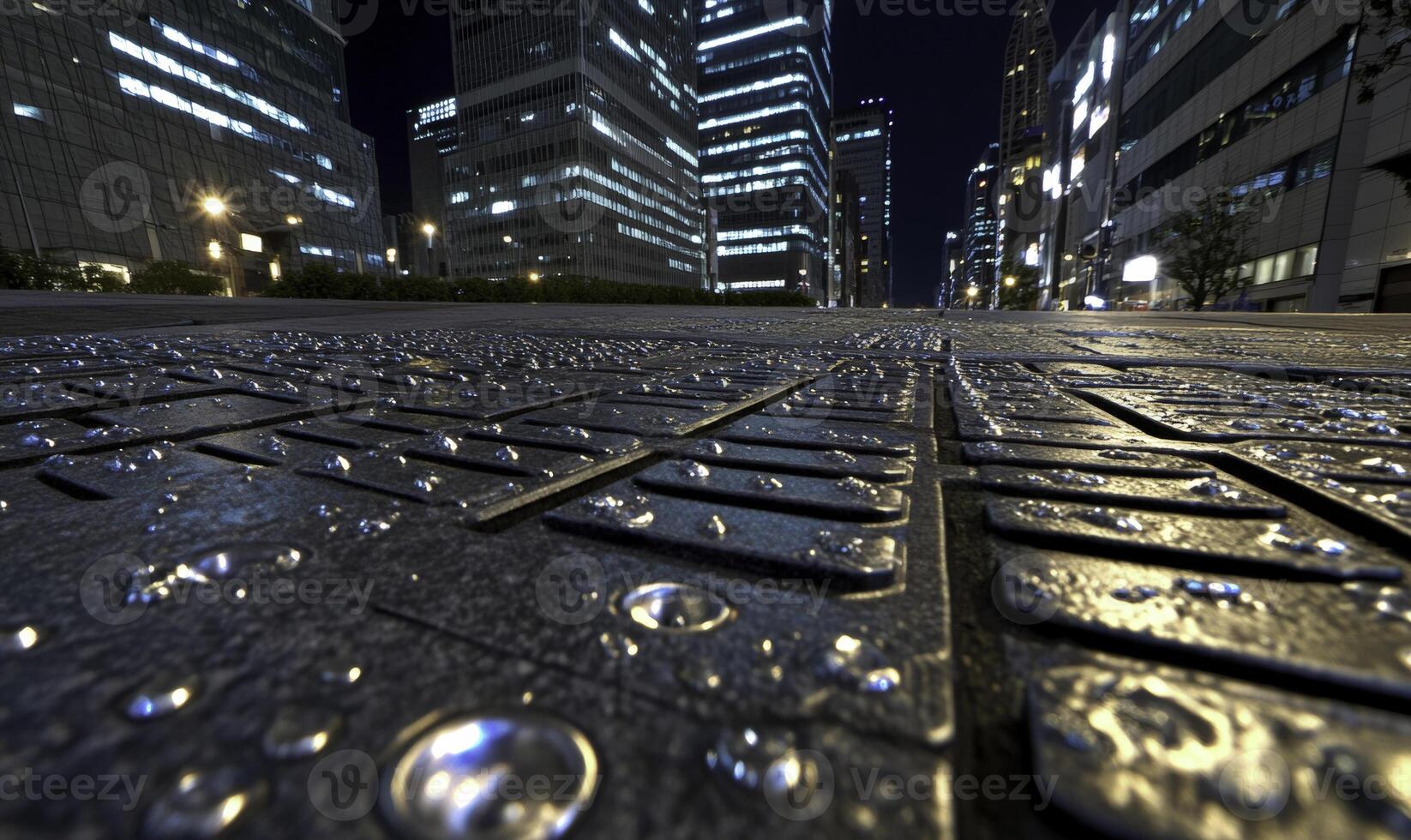 A city street at night with a lot of buildings photo