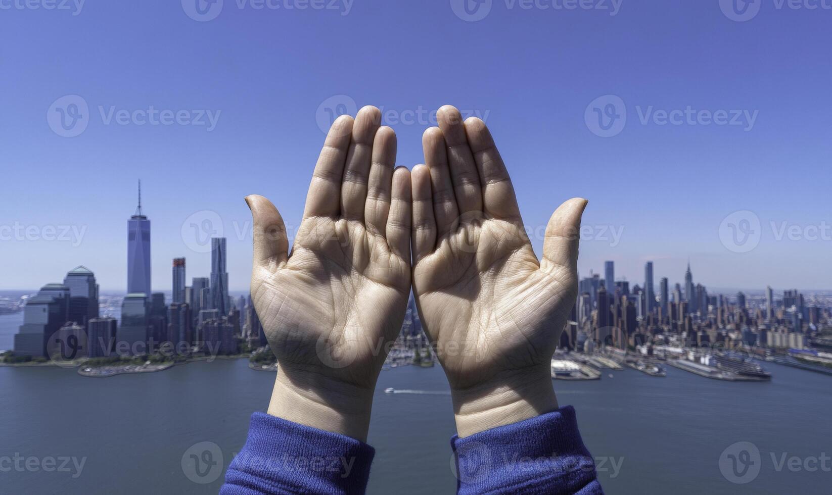 Hands reaching up to the sky with a city in the background photo