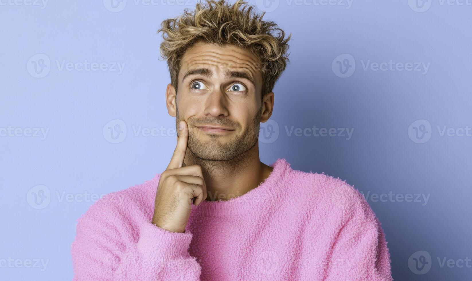 A man in a pink sweater is looking up at the camera photo