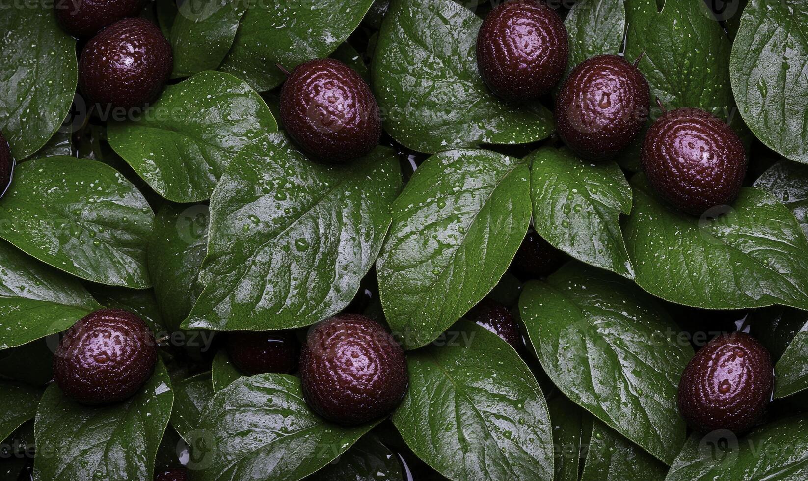 A bunch of dark chocolate covered fruits on a green leaf photo