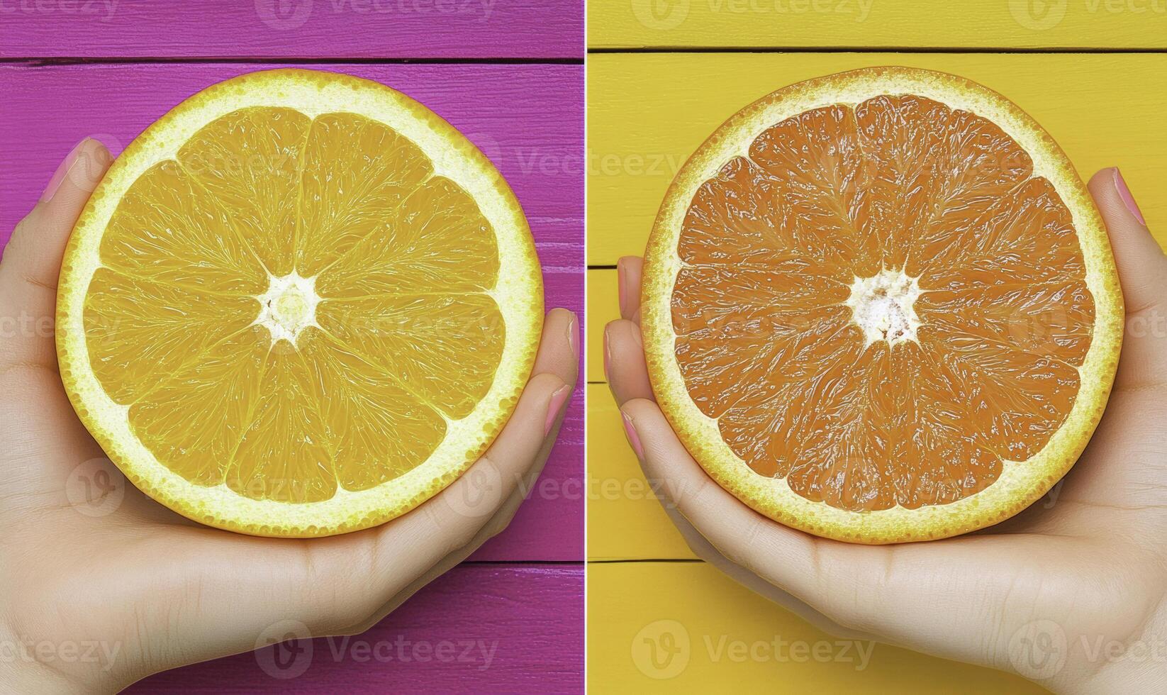 A person holding a half orange and a half lemon photo