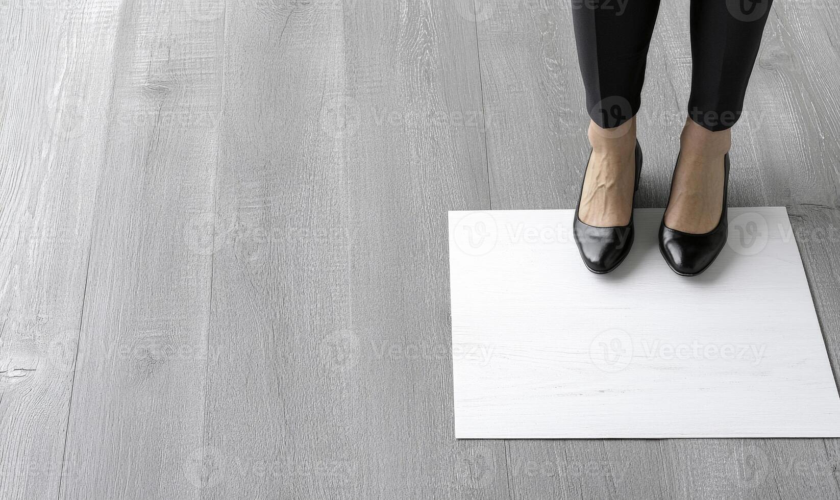A woman standing on a white square photo