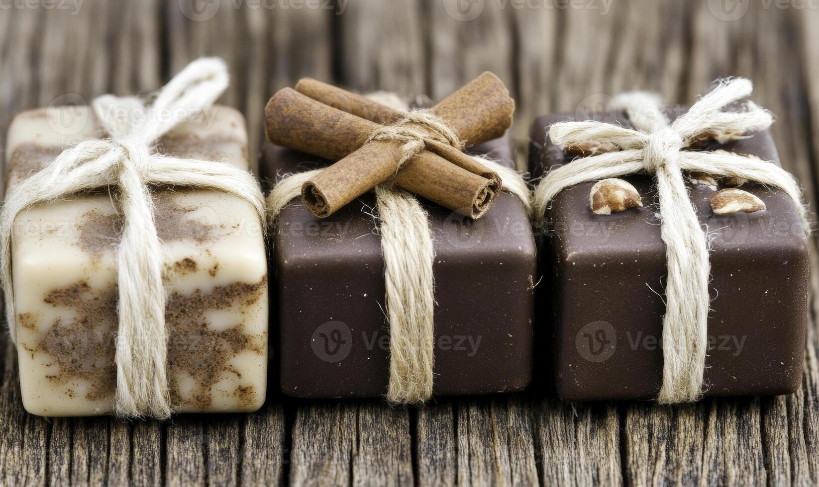 Three chocolate bars wrapped in twine on a wooden table photo