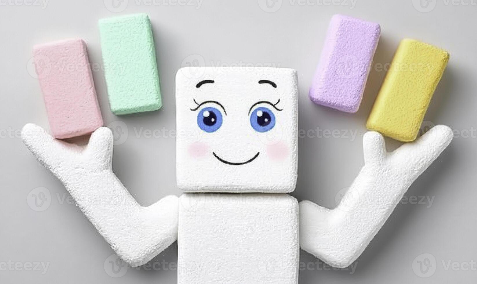 A white marshmallow with blue eyes and four different colored marshmallows photo