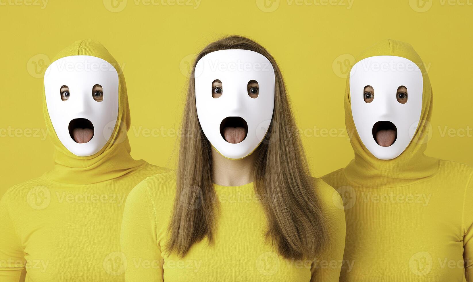 Three people wearing yellow masks with their mouths open photo