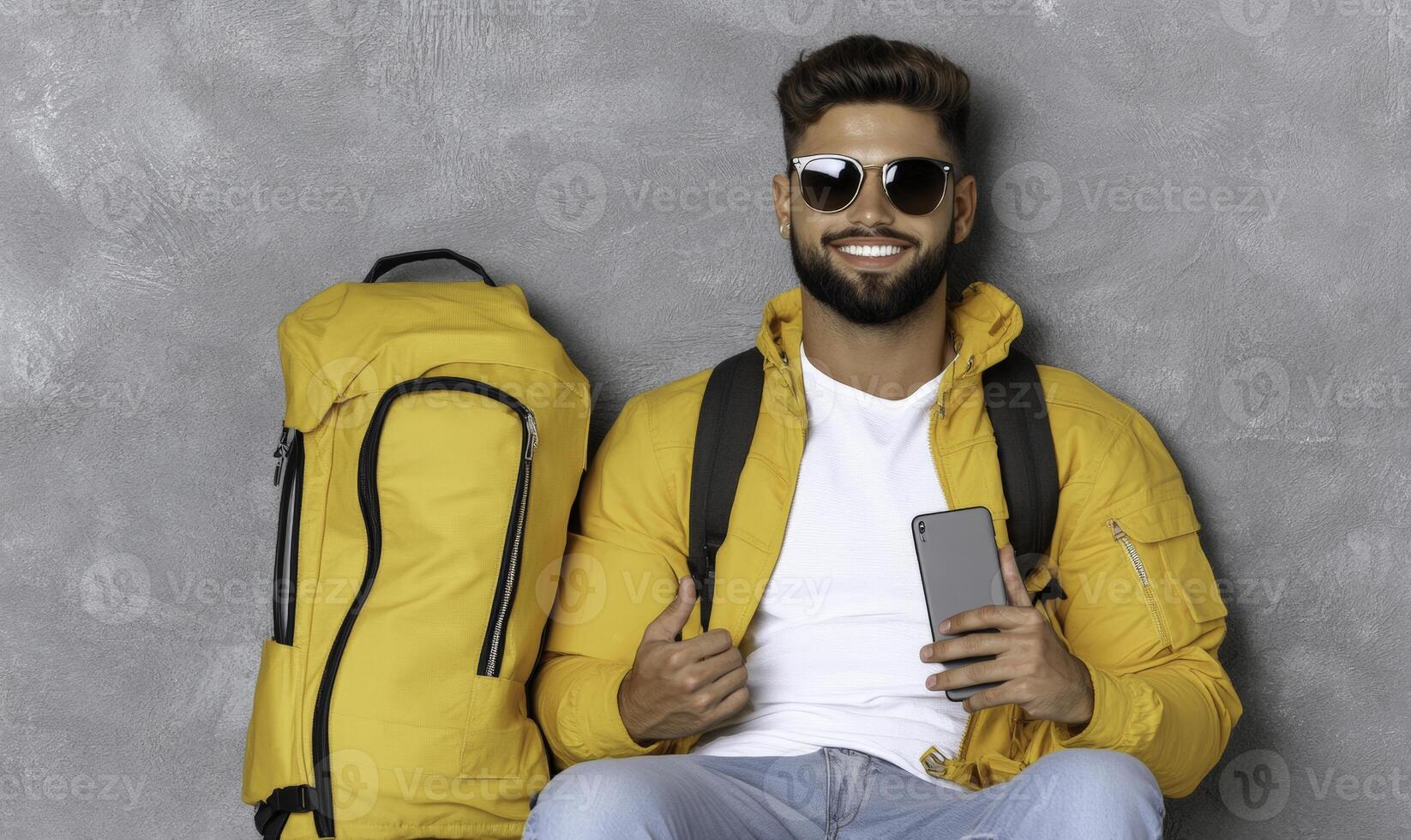A man with a yellow backpack and sunglasses sitting on a gray wall photo