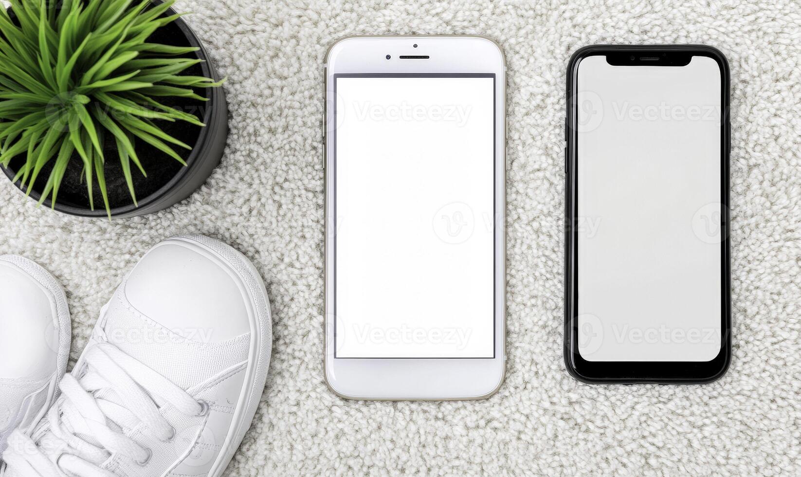 White smartphone and sneakers on carpet with plant photo