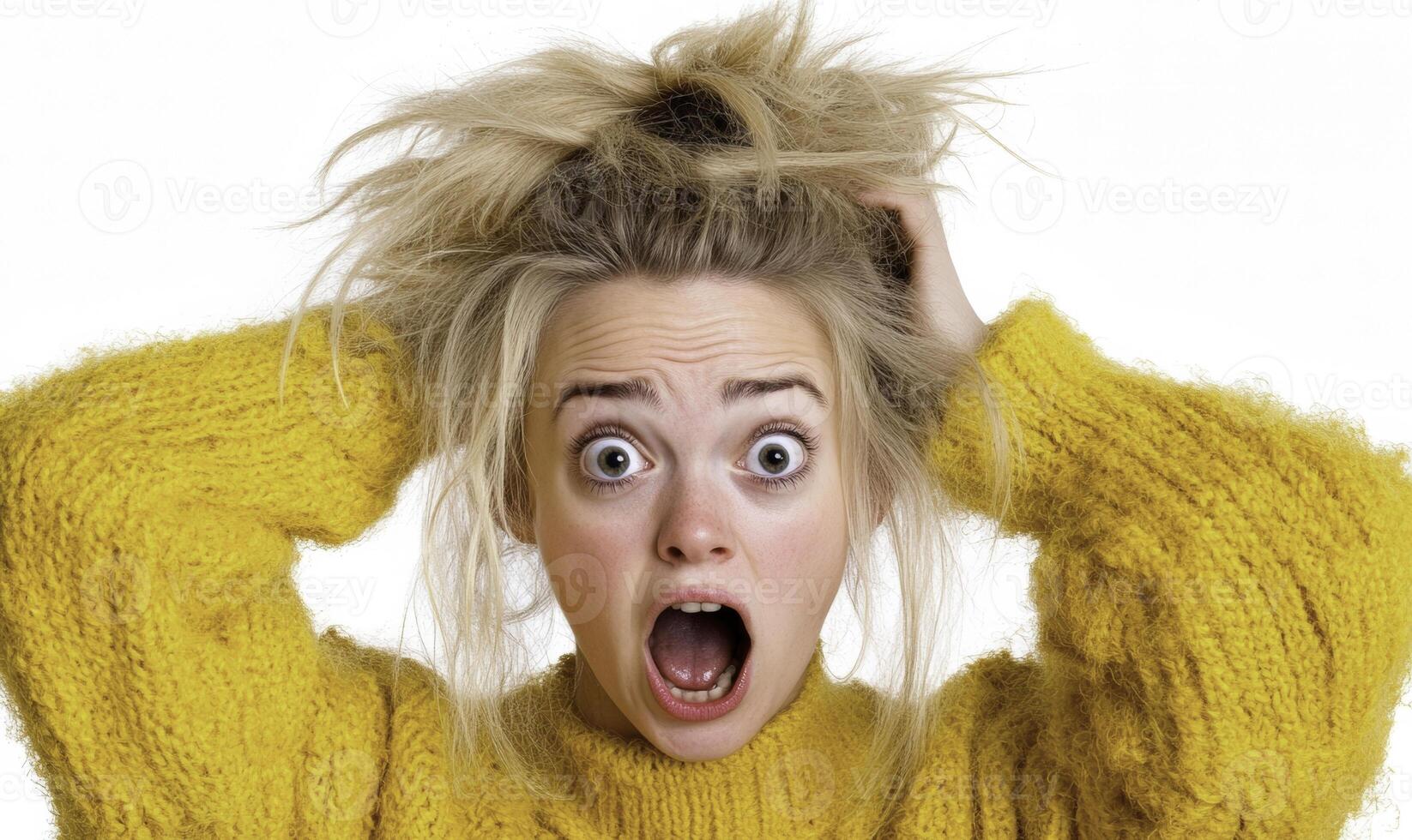 A woman in a yellow sweater is making a face photo