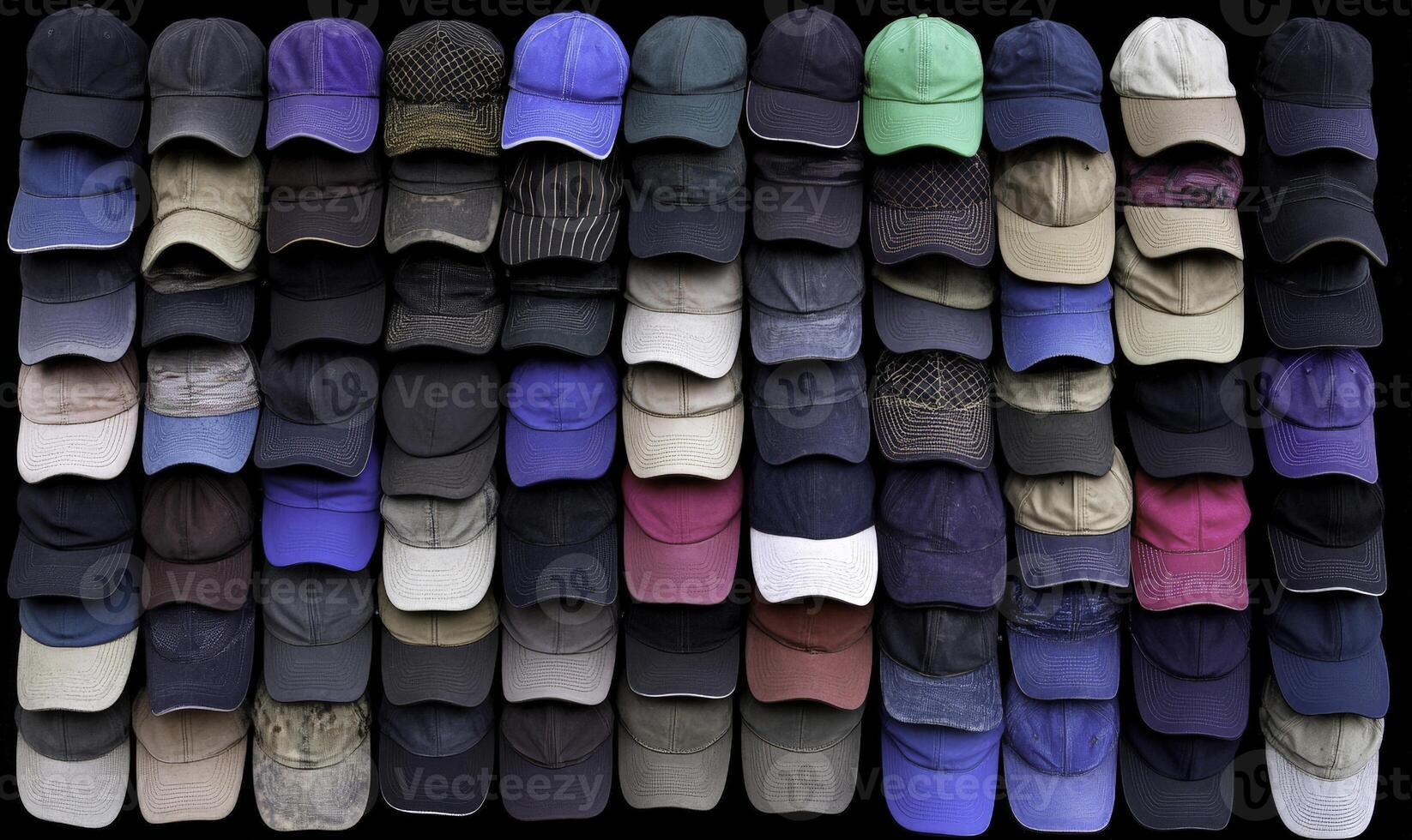 A large collection of hats is shown photo