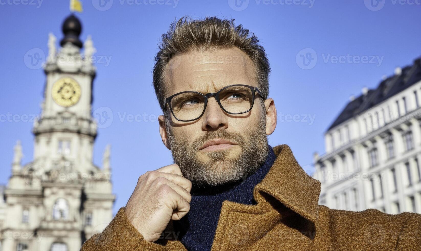 A man with glasses and a coat in front of a clock tower photo