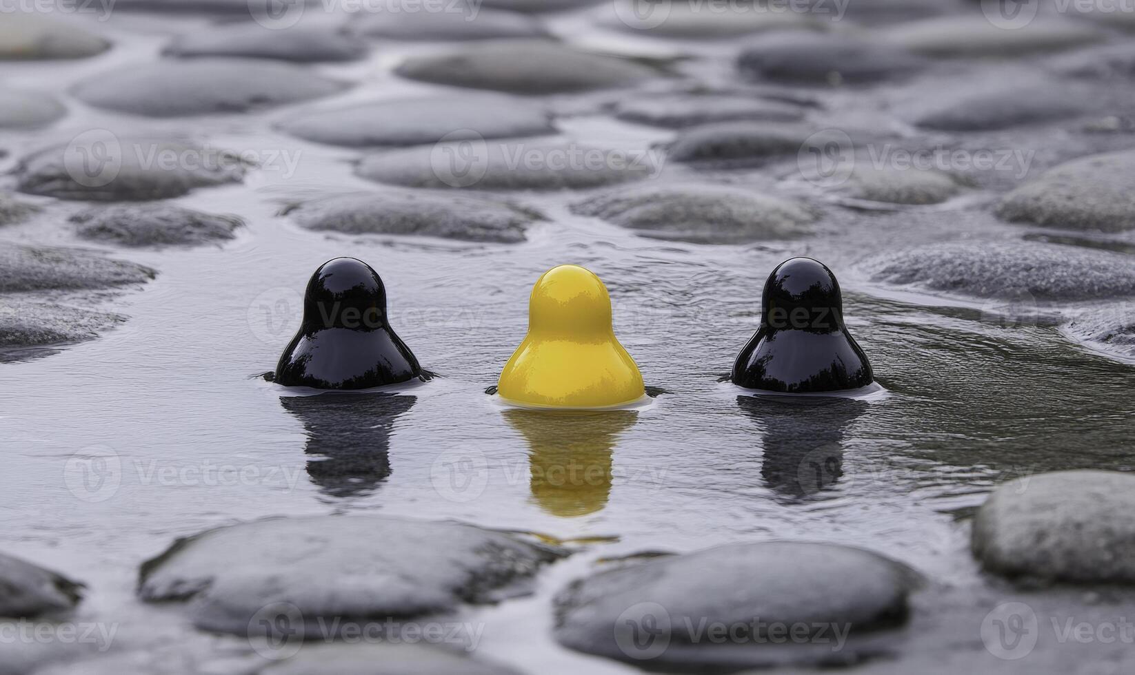 A group of three yellow pegs in a puddle photo