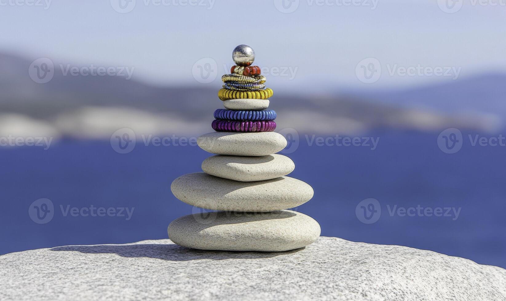 A stack of rocks with a small toy on top photo
