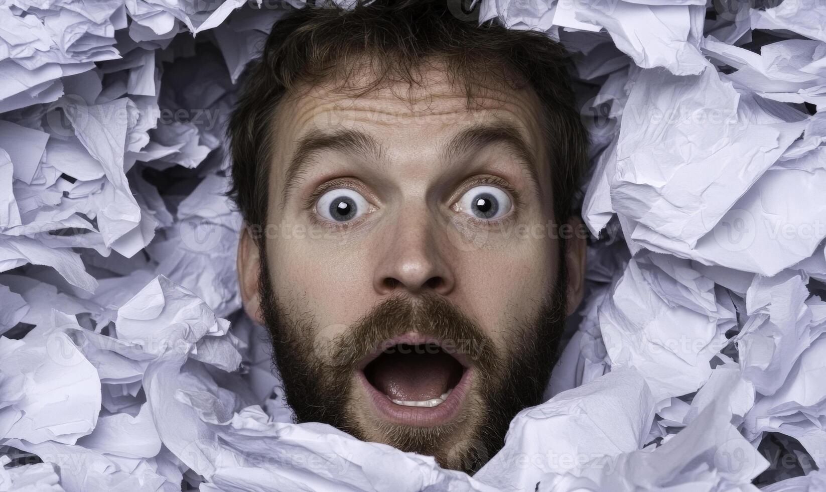 A man is looking surprised in a pile of paper photo