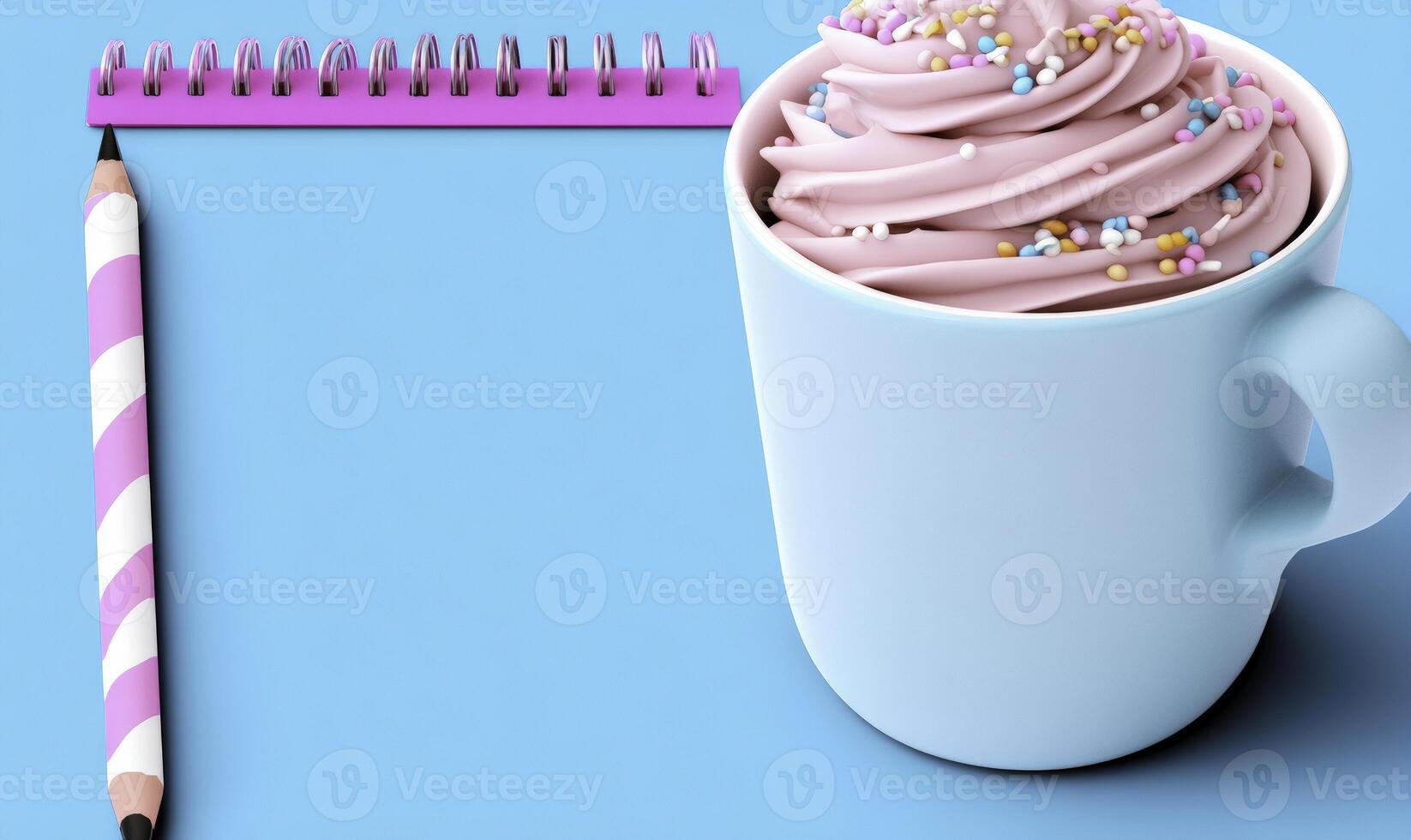 A cup of hot chocolate with sprinkles and a pencil photo