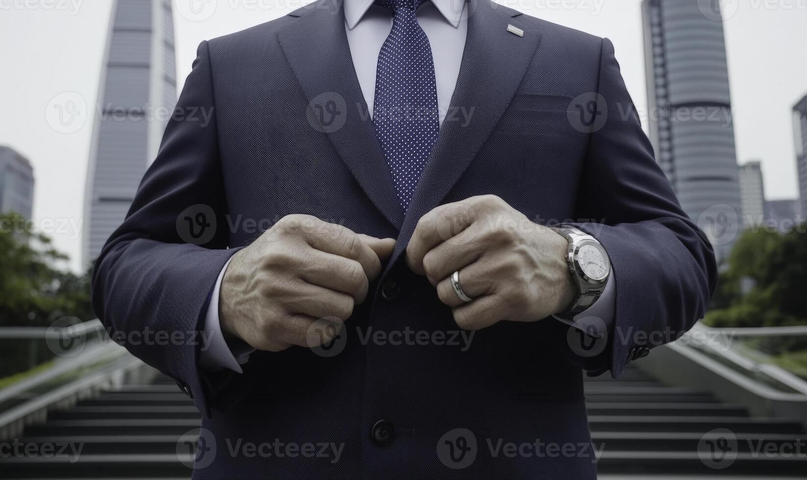 A man in a suit and tie is standing in front of a building photo