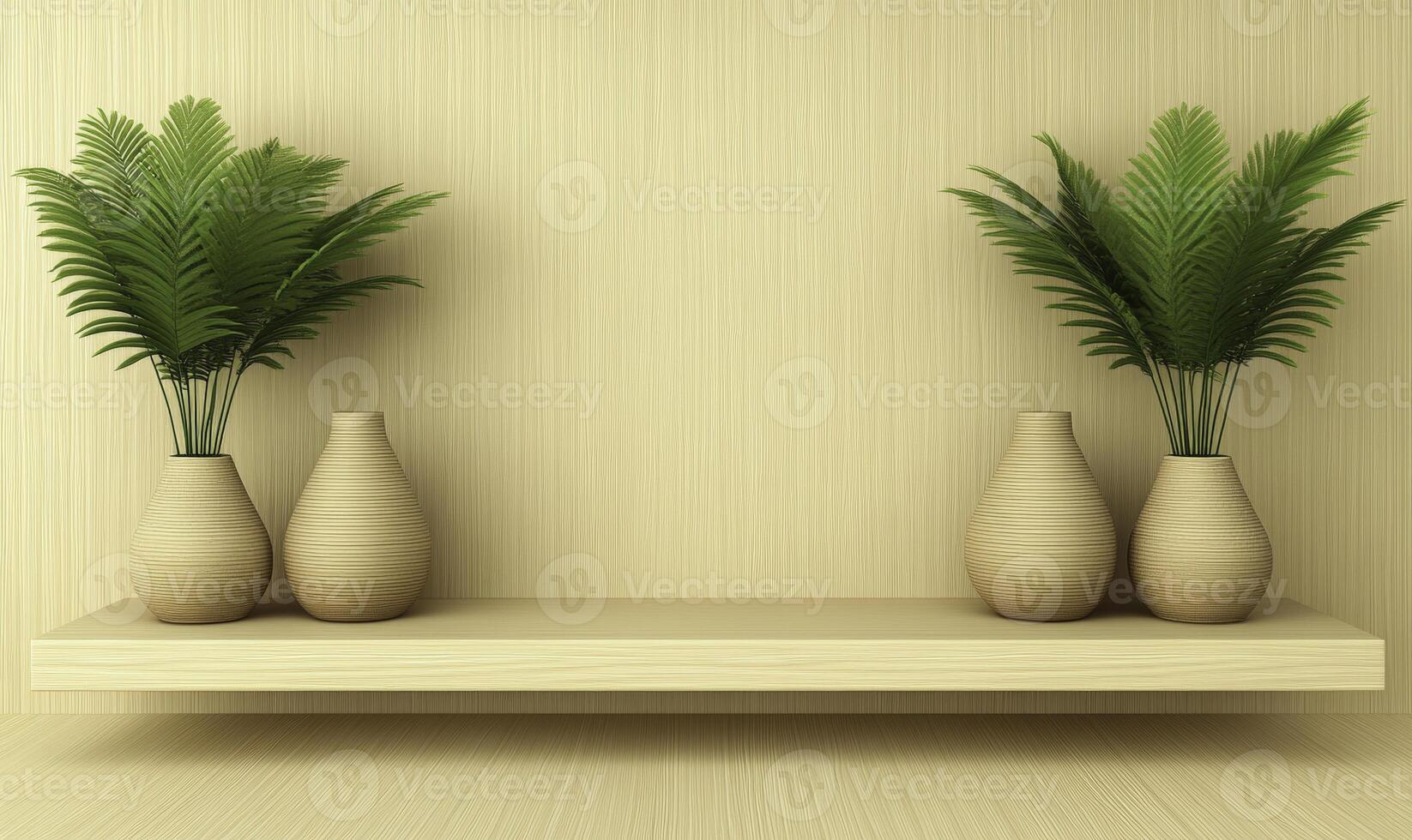 Three vases with palm trees on a wooden shelf photo