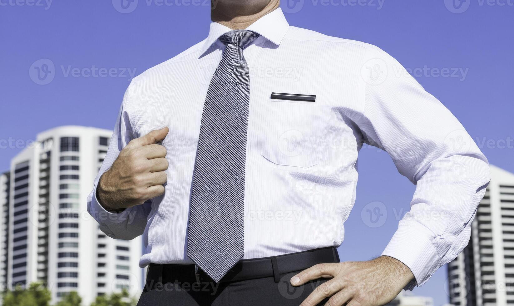 A man in a white shirt and tie standing in front of a building photo