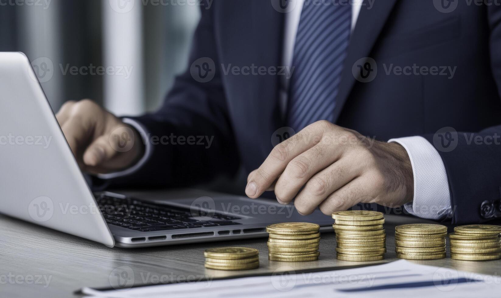 Businessman using laptop with stacks of coins photo