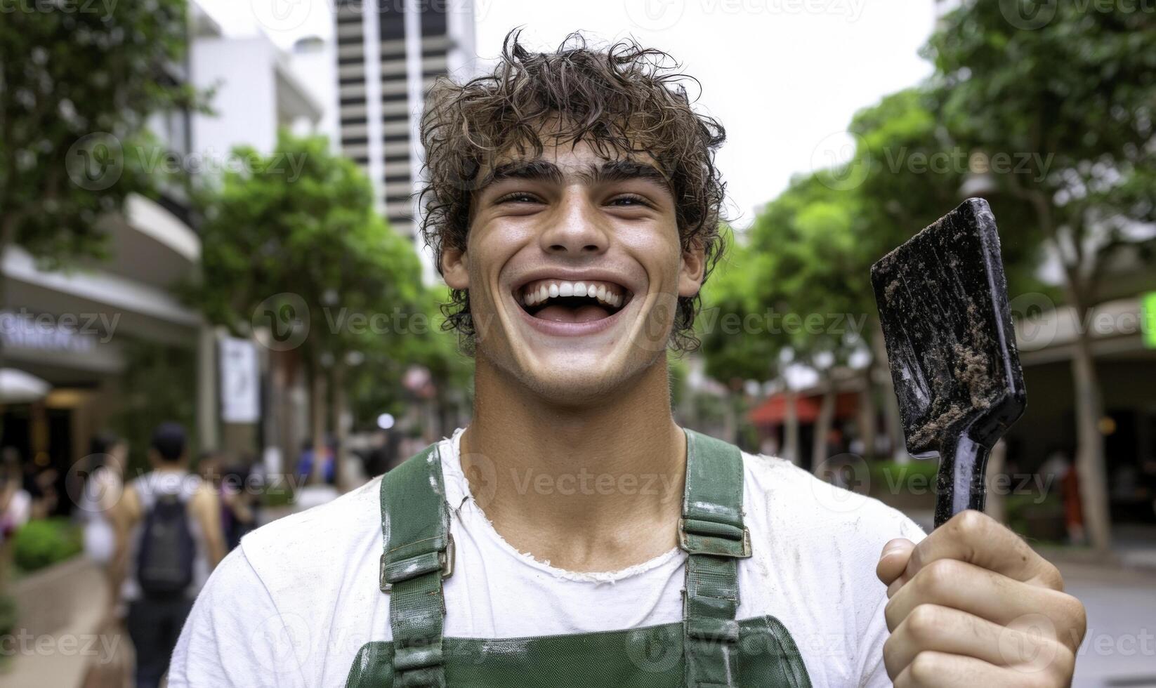 A man is holding a shovel and laughing photo