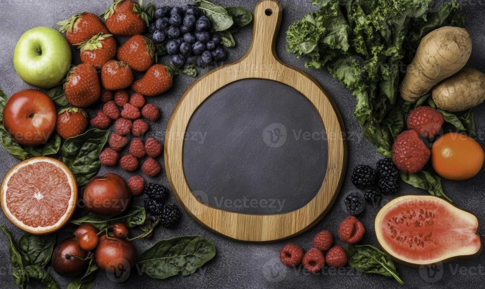 A chalkboard with fruits and vegetables on a table photo