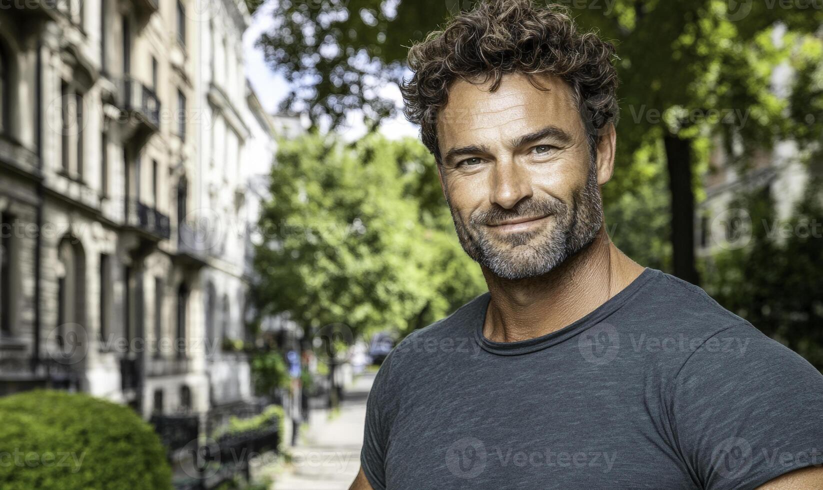 A man with curly hair standing in front of a building photo
