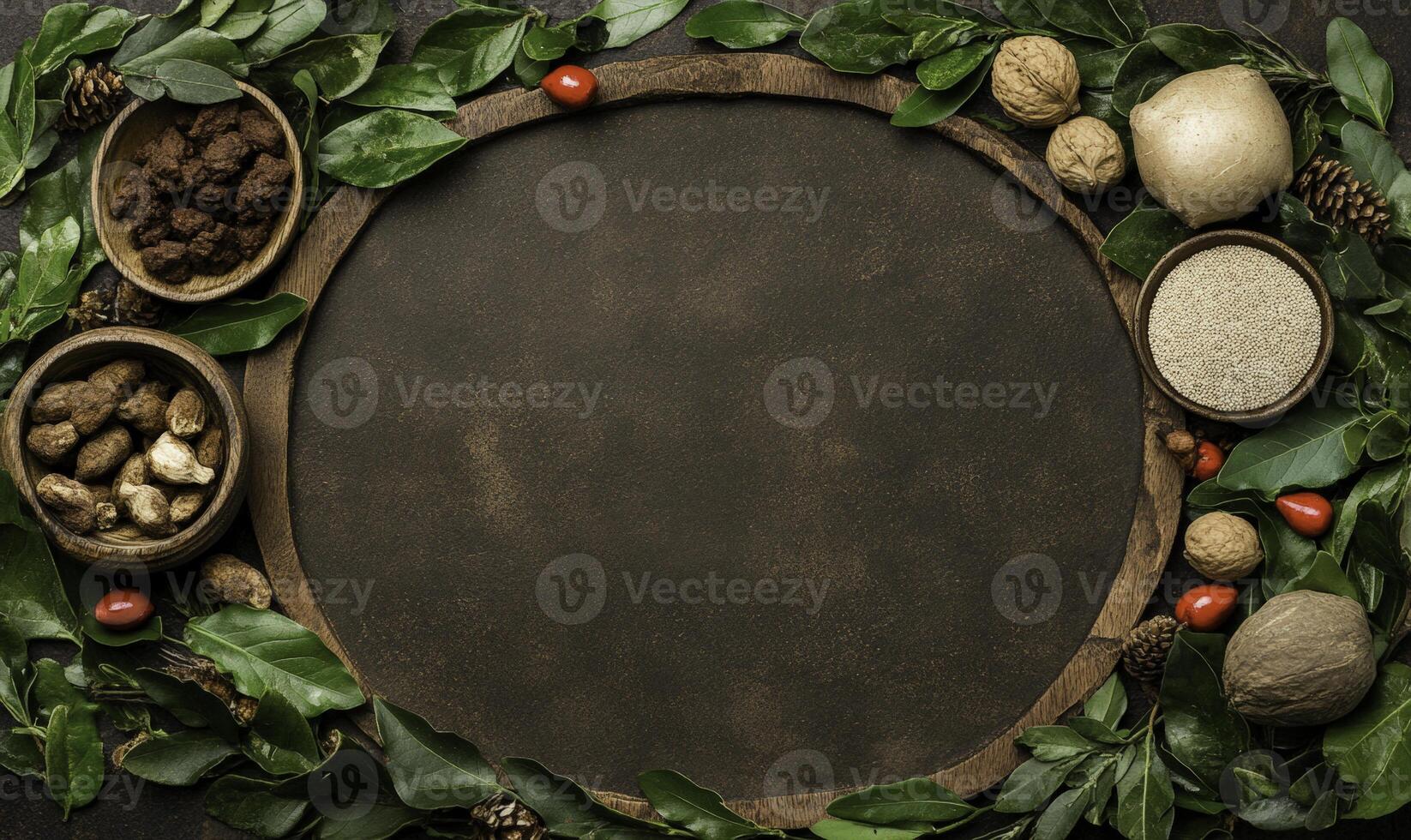 A circular frame with various spices and nuts photo