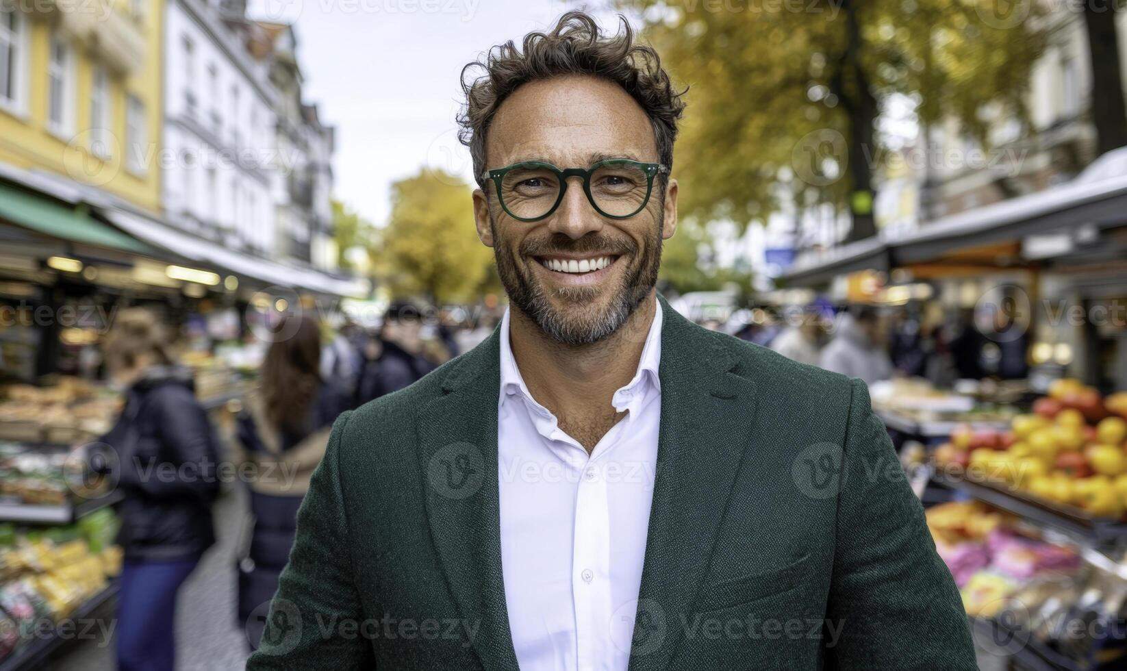 A man with glasses and a green jacket standing in front of a market photo