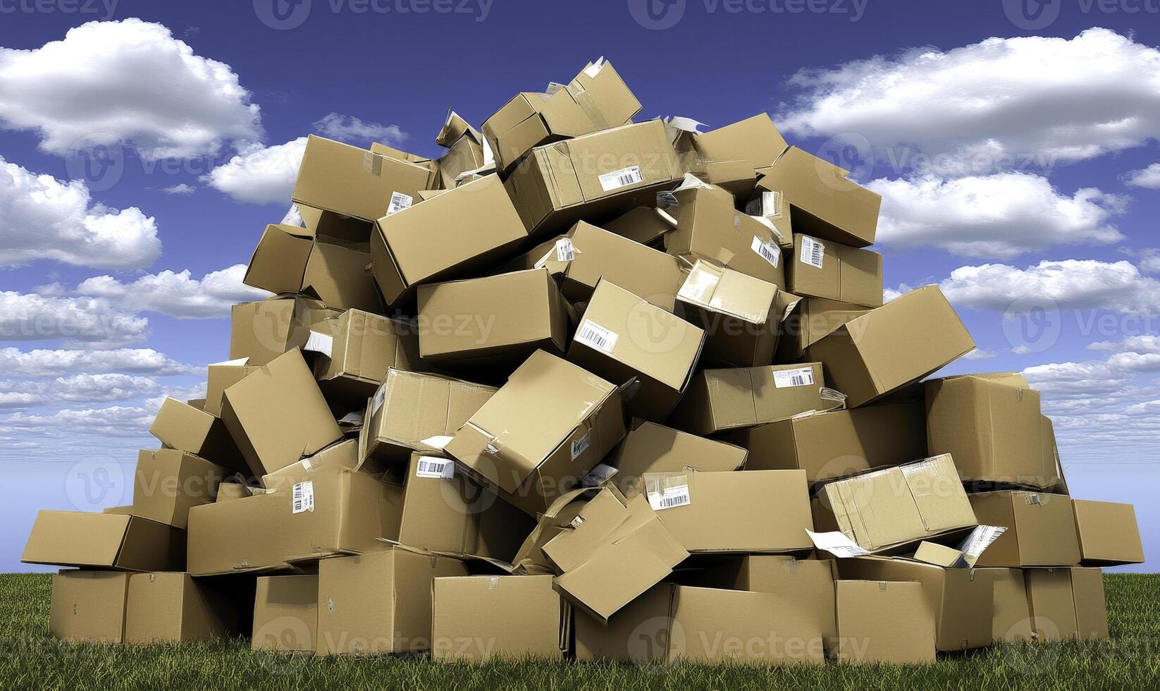 A pile of cardboard boxes on a grassy field photo