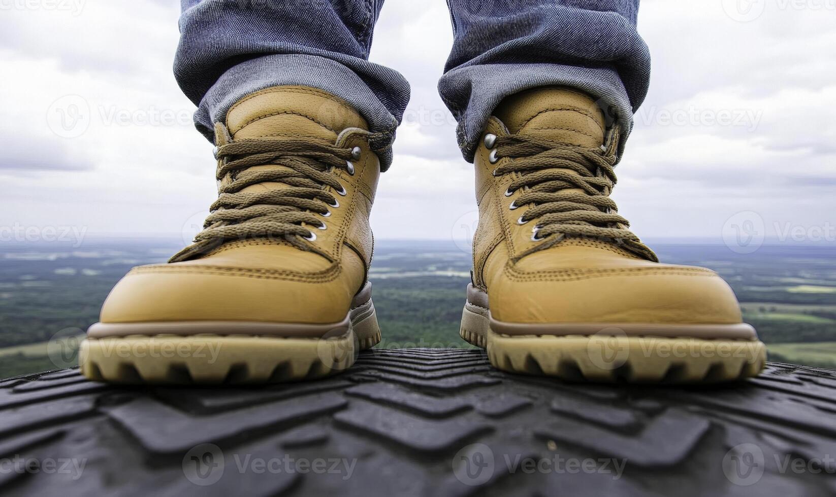 A person wearing boots standing on top of a tire photo