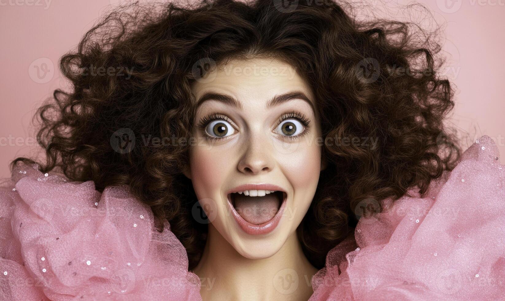 A woman with curly hair and pink dress photo