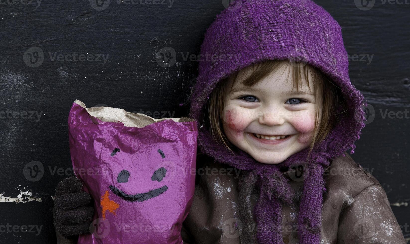 A little girl in a purple coat holding a purple bag photo