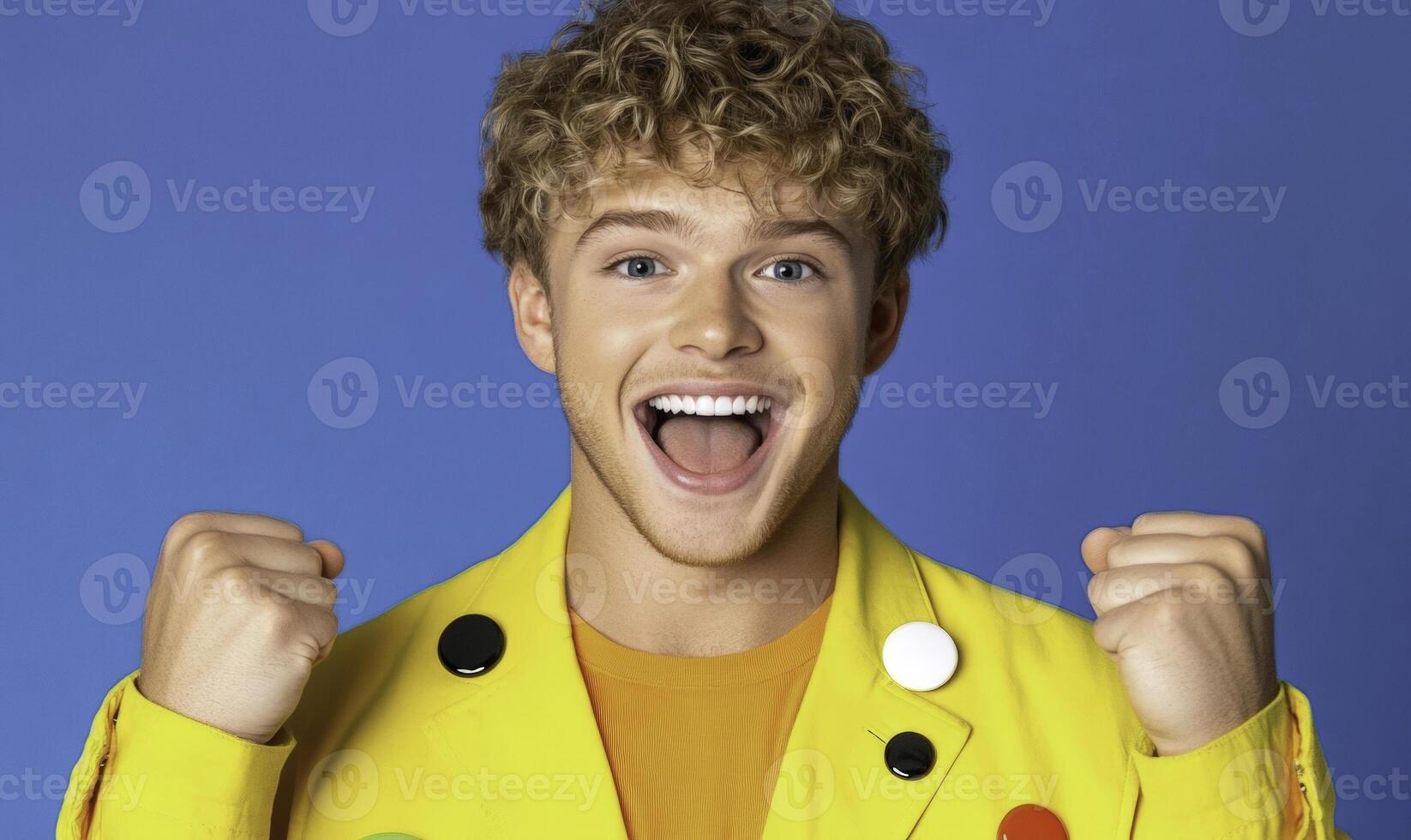A man with curly hair wearing a yellow jacket and holding up his hands photo