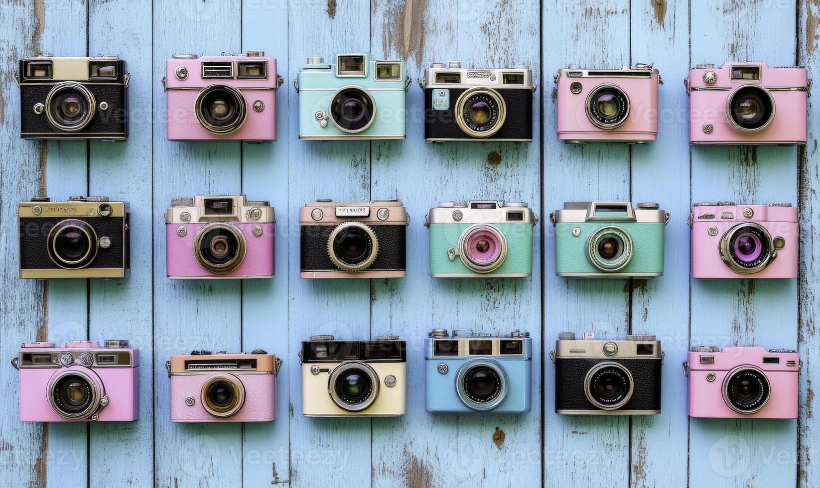 A row of vintage cameras on a blue wall photo