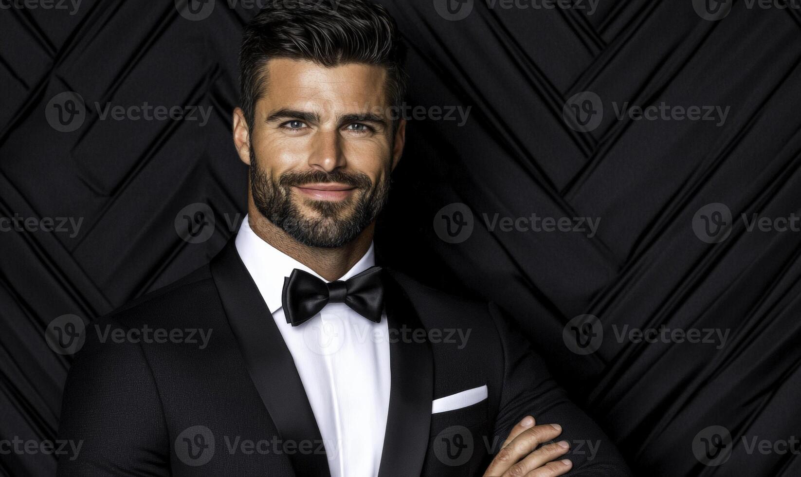 A man in a tuxedo and bow tie standing in front of a black background photo