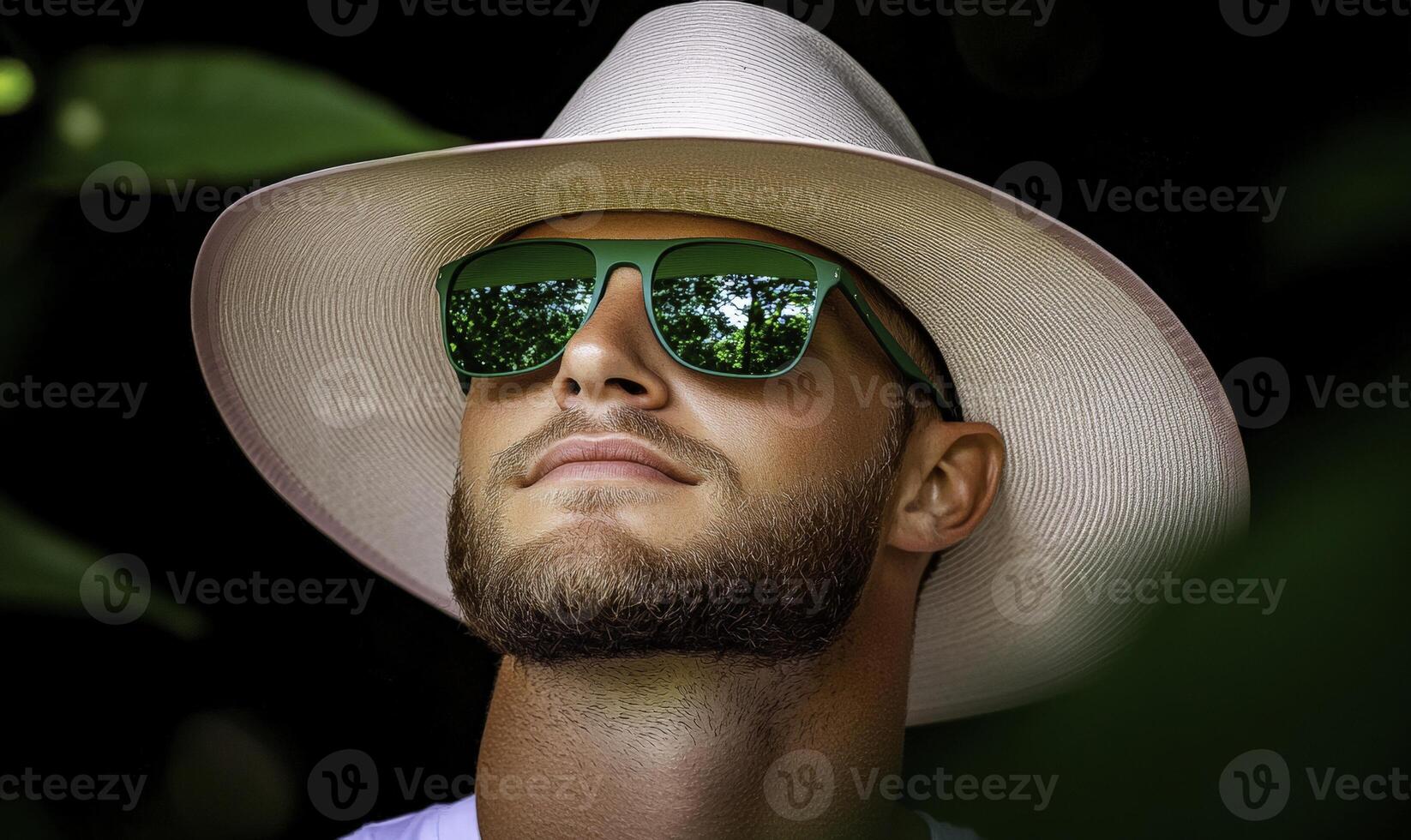 A man wearing a hat and sunglasses in the woods photo