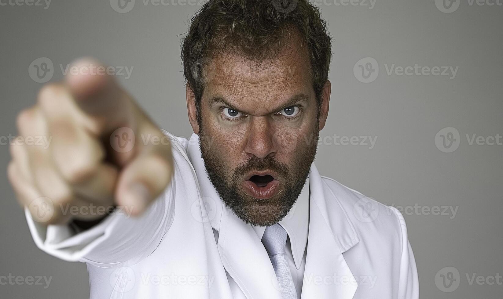 A man in a white coat pointing at something photo