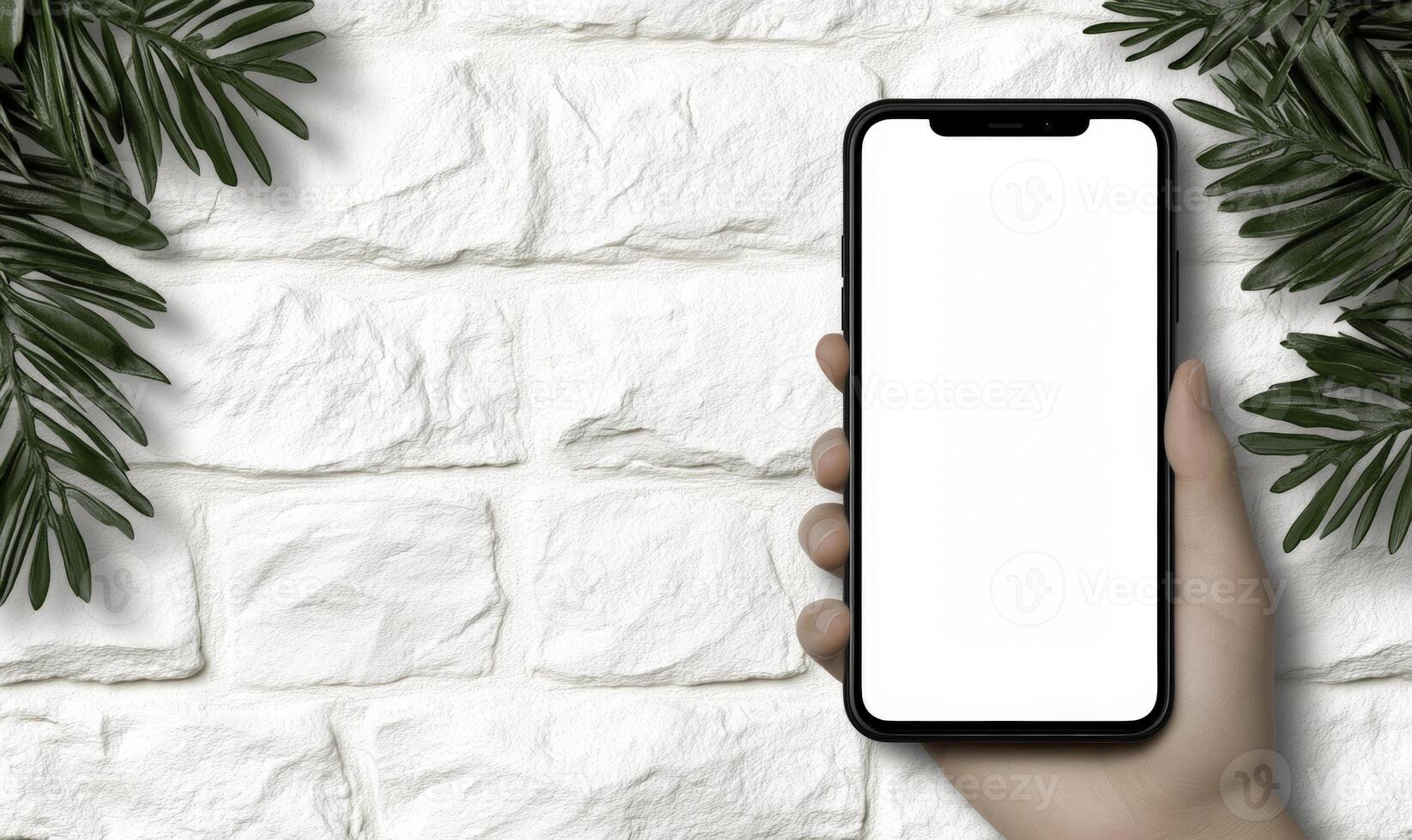Hand holding a white blank smartphone with palm leaves background photo