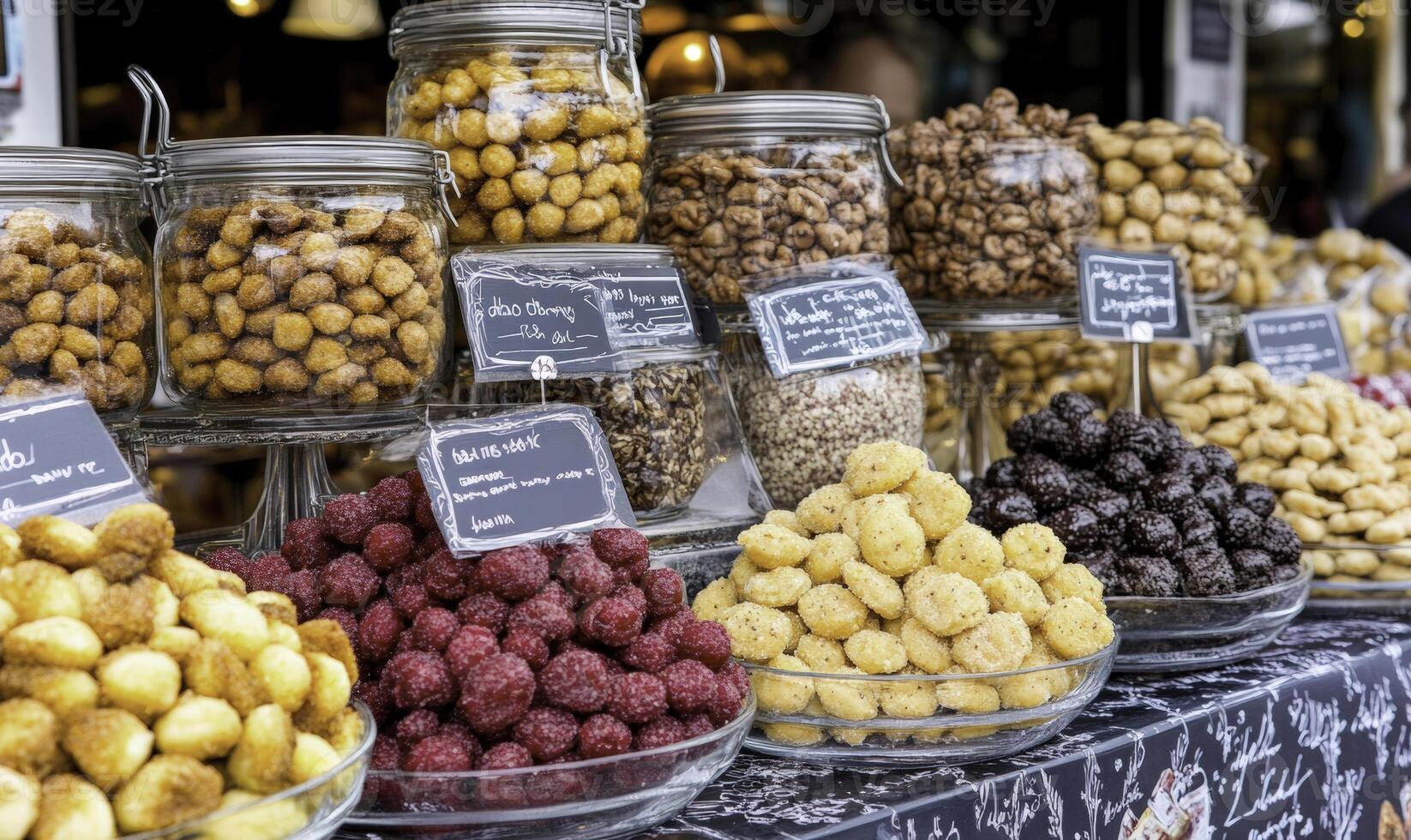 Colorful Display of Assorted Sweet Snacks and Confections at a Vibrant Market Stall with Glass Jars and Wooden Bowls Full of Treats photo