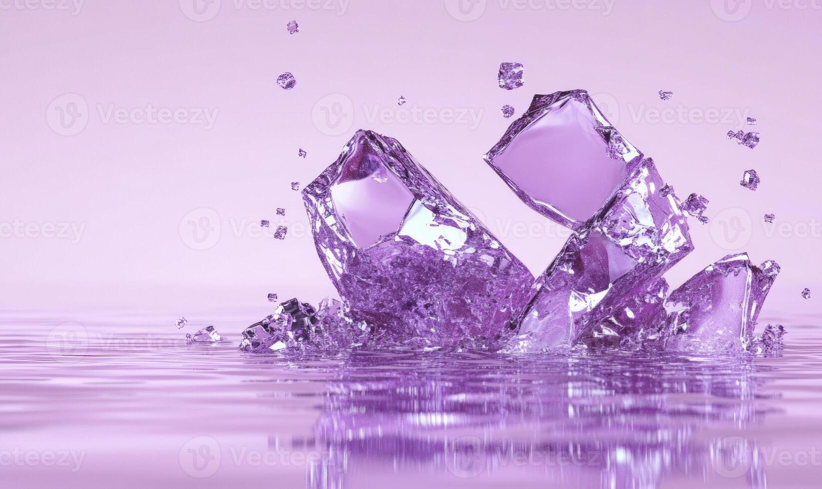 Vibrant Purple Ice Cubes Splashing into Calm Water with Reflection Under Soft Pink Background, Evoking Feelings of Refreshment and Serenity photo