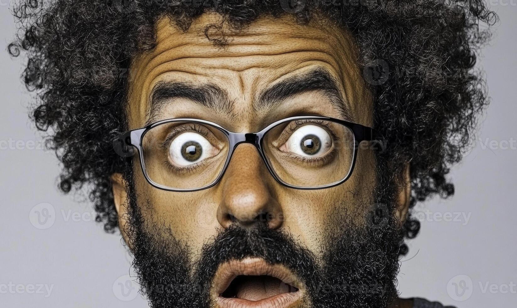 Surprised man with curly hair and glasses expressing shock and amazement, showcasing a wide-open mouth and astonished eyes, against a neutral background photo