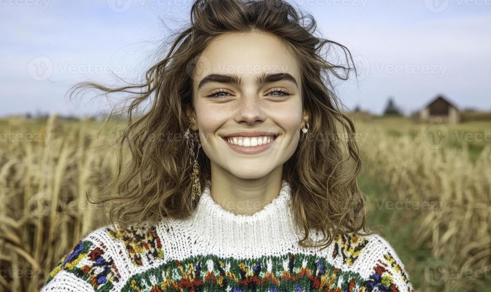 Joyful young woman with curly hair smiling brightly in an autumn landscape with tall grass and a clear blue sky, wearing a cozy colorful sweater photo