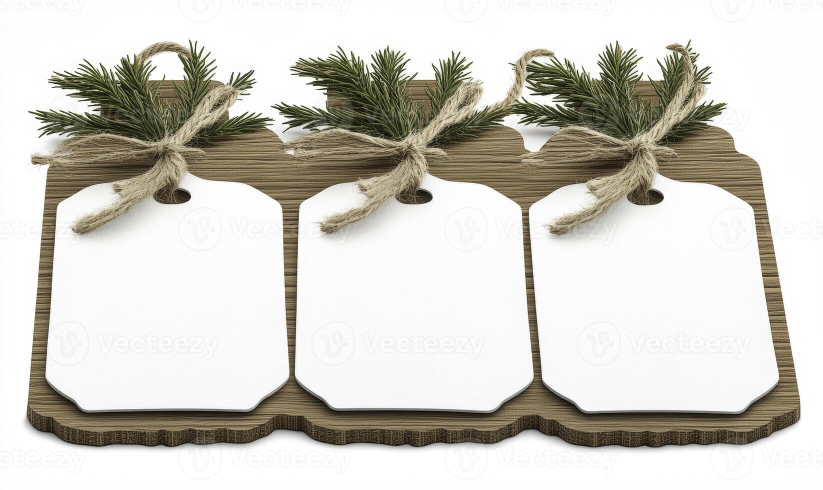 Three blank tags with twine and pine branches photo