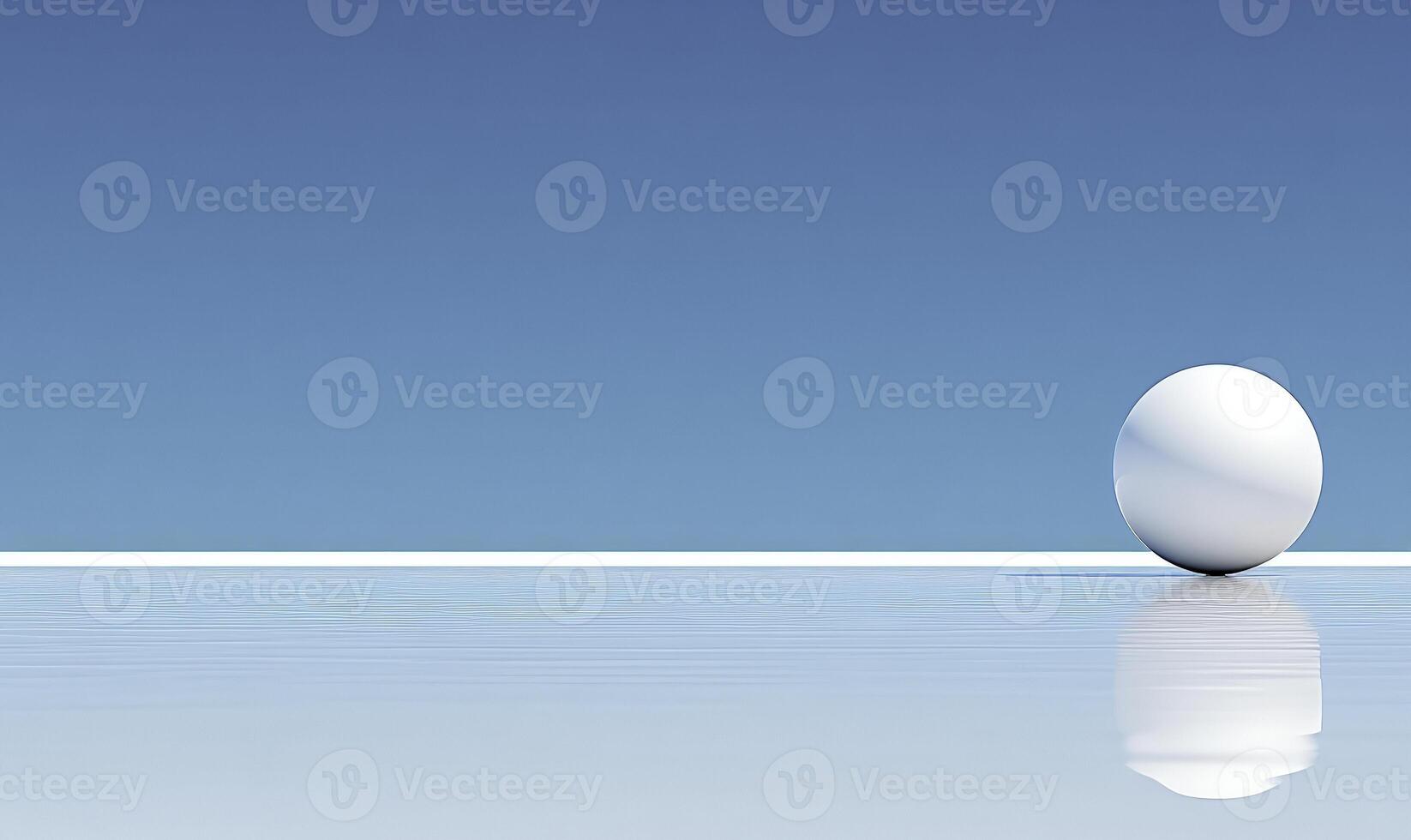 Serene Background Featuring a White Sphere on a Calm Surface Reflecting a Clear Blue Sky, Ideal for Minimalistic and Modern Design Concepts photo