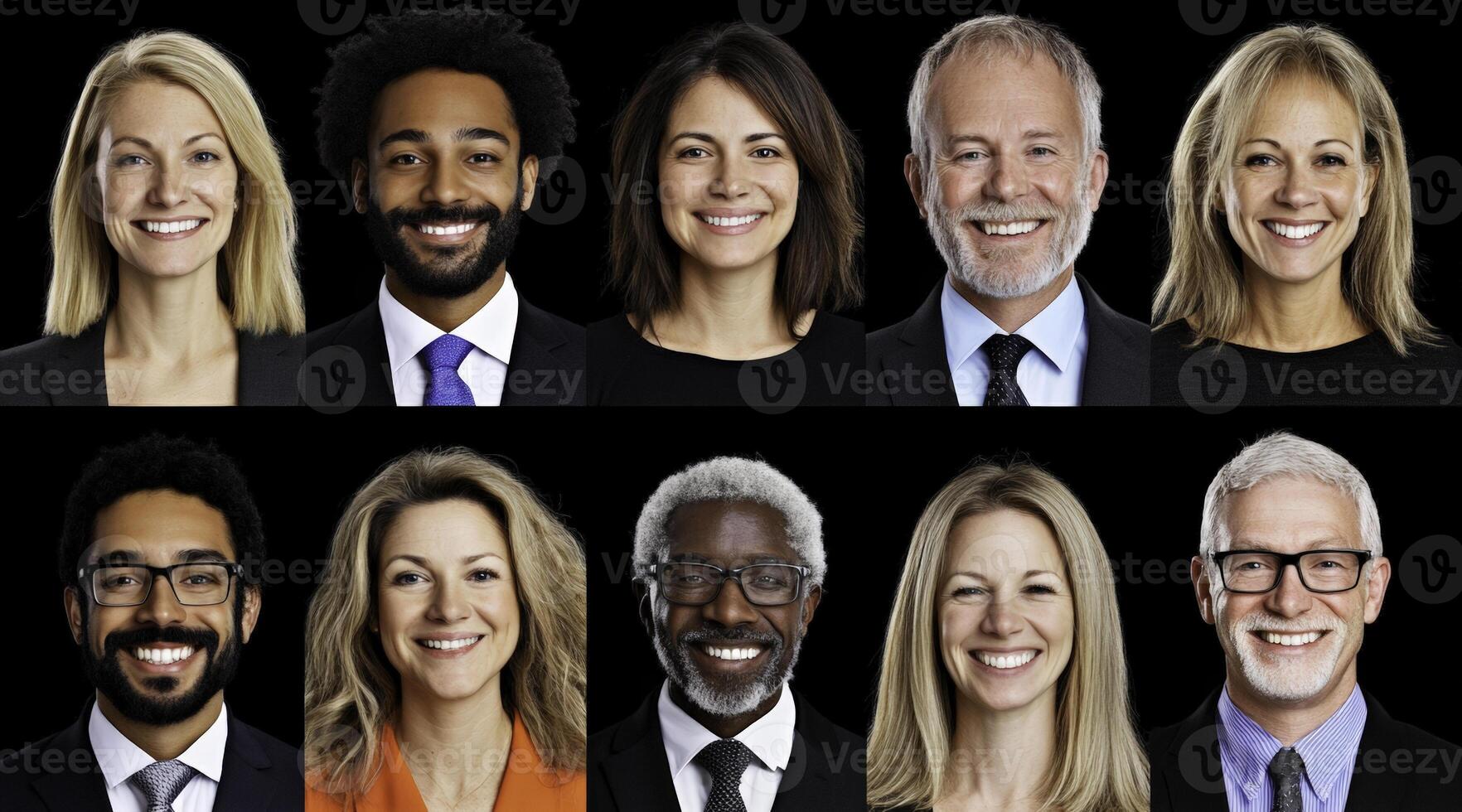 Diverse Group of Professionals Smiling in a Studio Portrait, Celebrating Teamwork and Collaboration with a Confident and Approachable Atmosphere photo