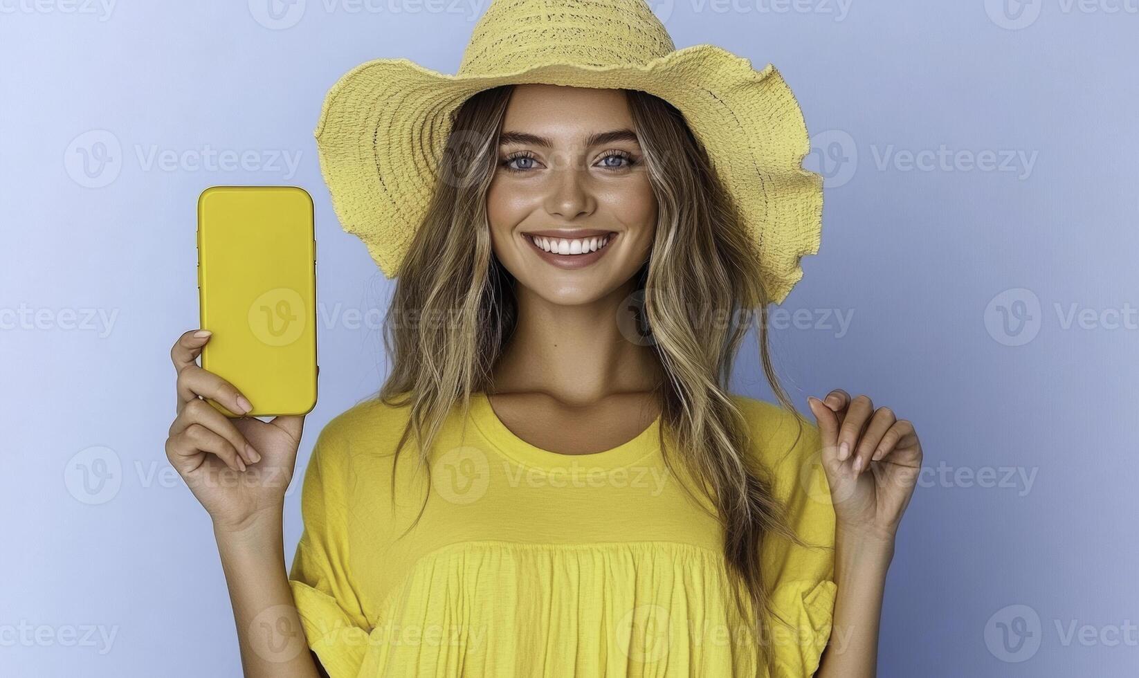 A woman in a yellow dress and hat holding up a phone photo