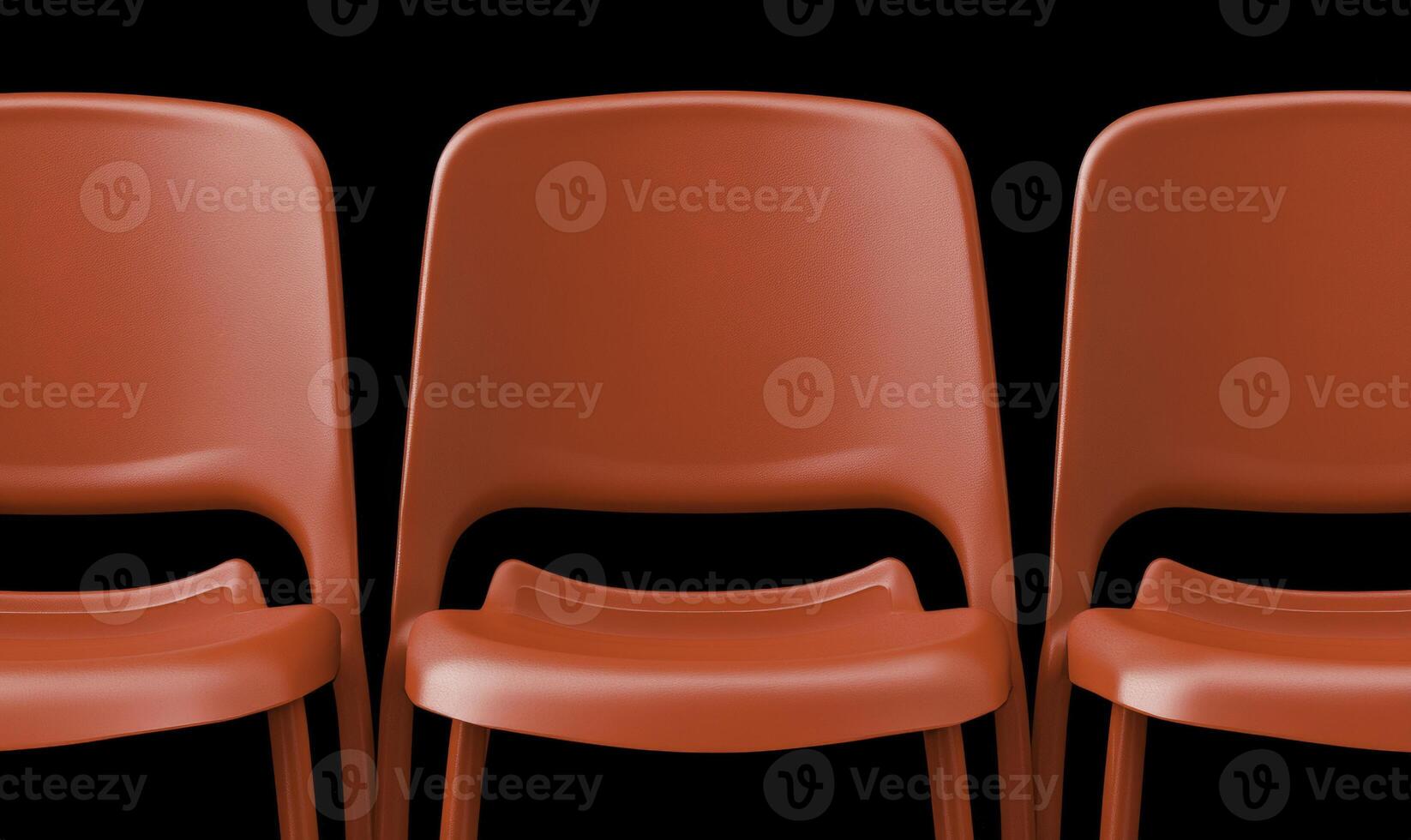 Three Red Plastic Chairs Against Black Background for Modern Interior Design, Minimalist Furniture, and Contemporary Decor Ideas photo