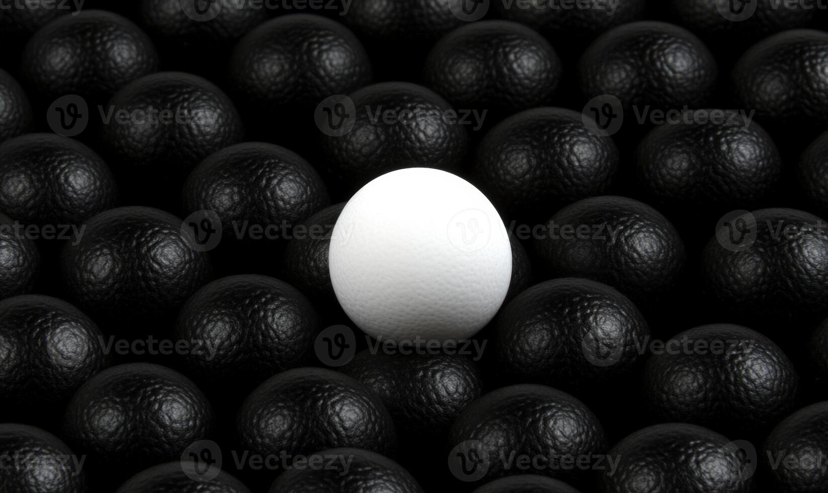A Single White Sphere Surrounded by Multiple Black Spheres on a Dark Background Representing Individuality and Contrast in Visual Design photo
