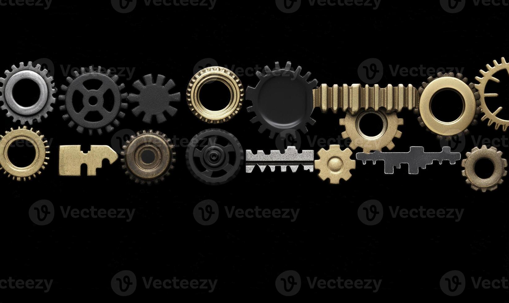 A Creative Arrangement of Various Mechanical Gears and Cogs in Different Sizes and Styles on a Black Background for Industrial Design Concepts photo