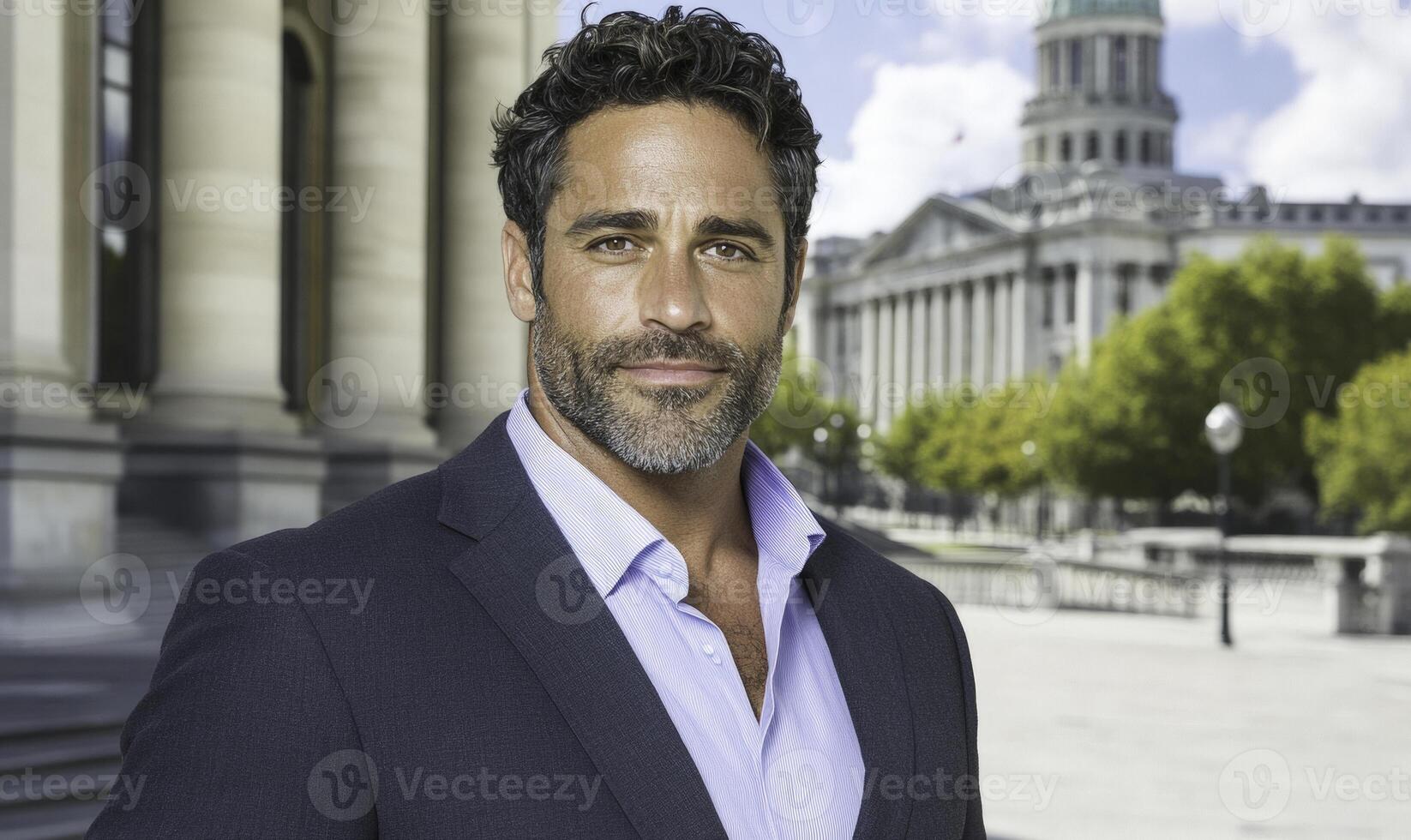 Confident Businessman Standing Outdoors with Modern Architecture in Background and Sunny Sky Creating Professional Atmosphere photo